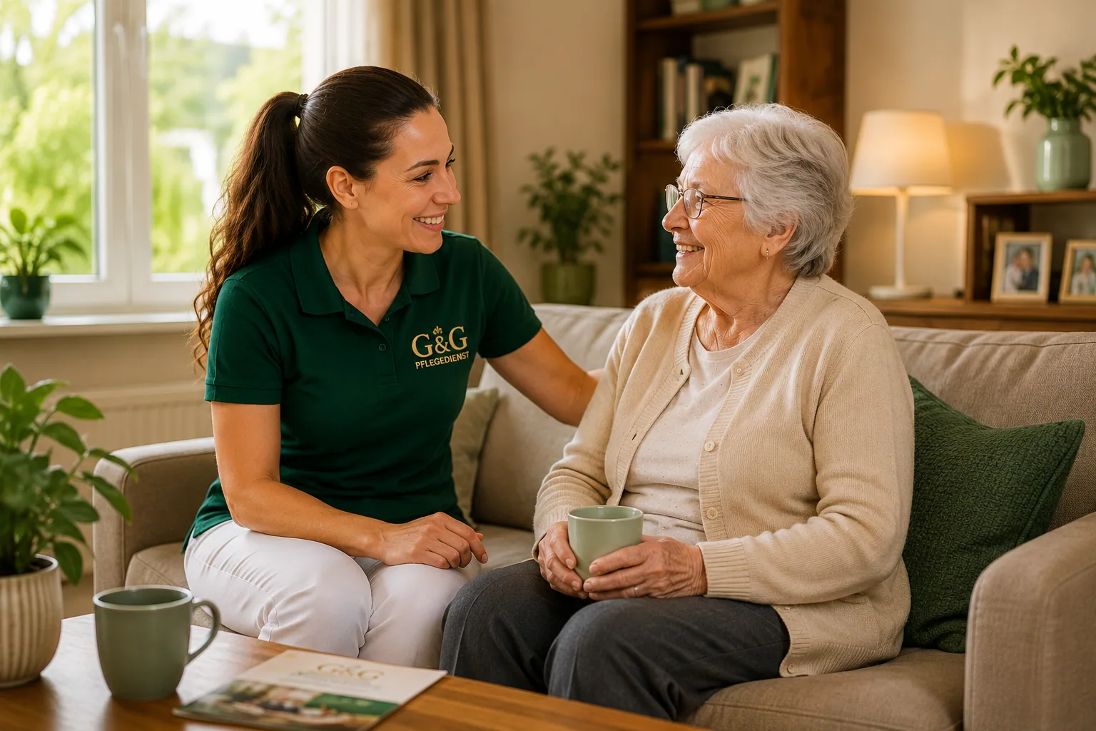 Pflegefachkraft im persönlichen Gespräch mit einer Seniorin zu Hause